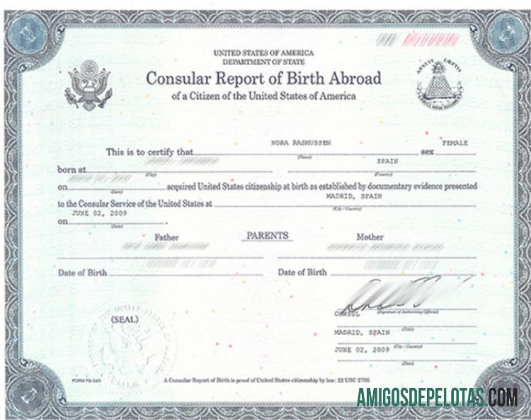 Certidão de nascimento do Departamento de Estado dos Estados Unidos no exterior amostra